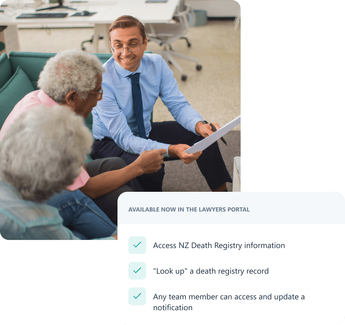 A lawyer meeting with clients